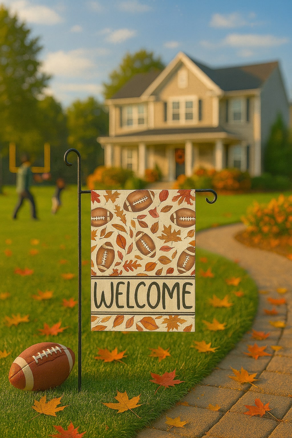 Autumn “Welcome” garden flag with footballs and leaves in a cozy family yard — celebrate fall warmth with Personalized Gifts from HerTender.com.
