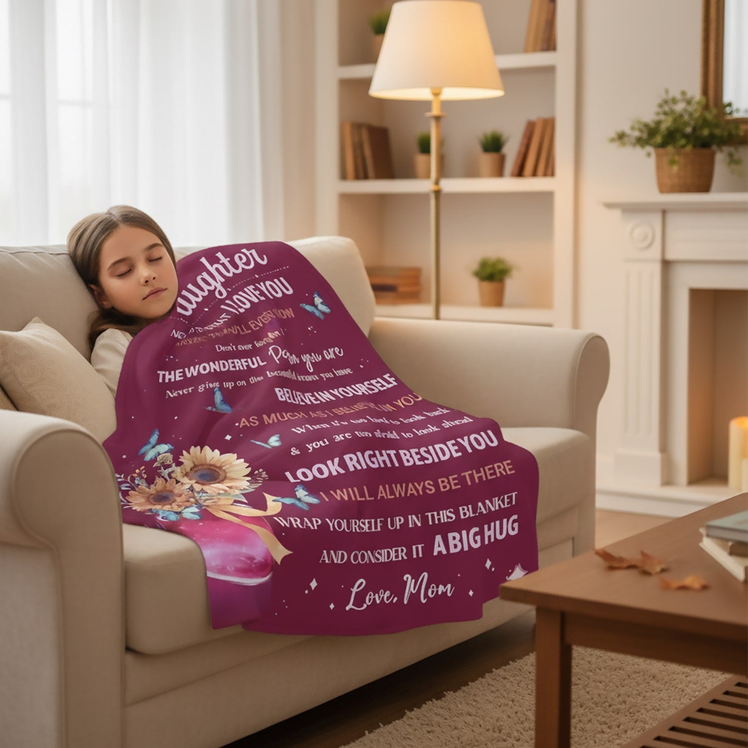 “To My Daughter” blanket with sunflowers and butterflies — a cozy Personalized Gift from HerTender.com that wraps your daughter in a mother’s love and gentle encouragement.