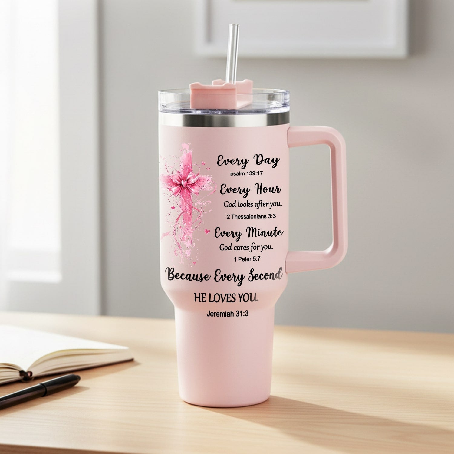 Personalized Gifts | “Every Day, Every Hour” Bible Verse Christian Tumbler – 40oz Stainless Steel Cup with Handle & Straw by HerTender Faith Collection