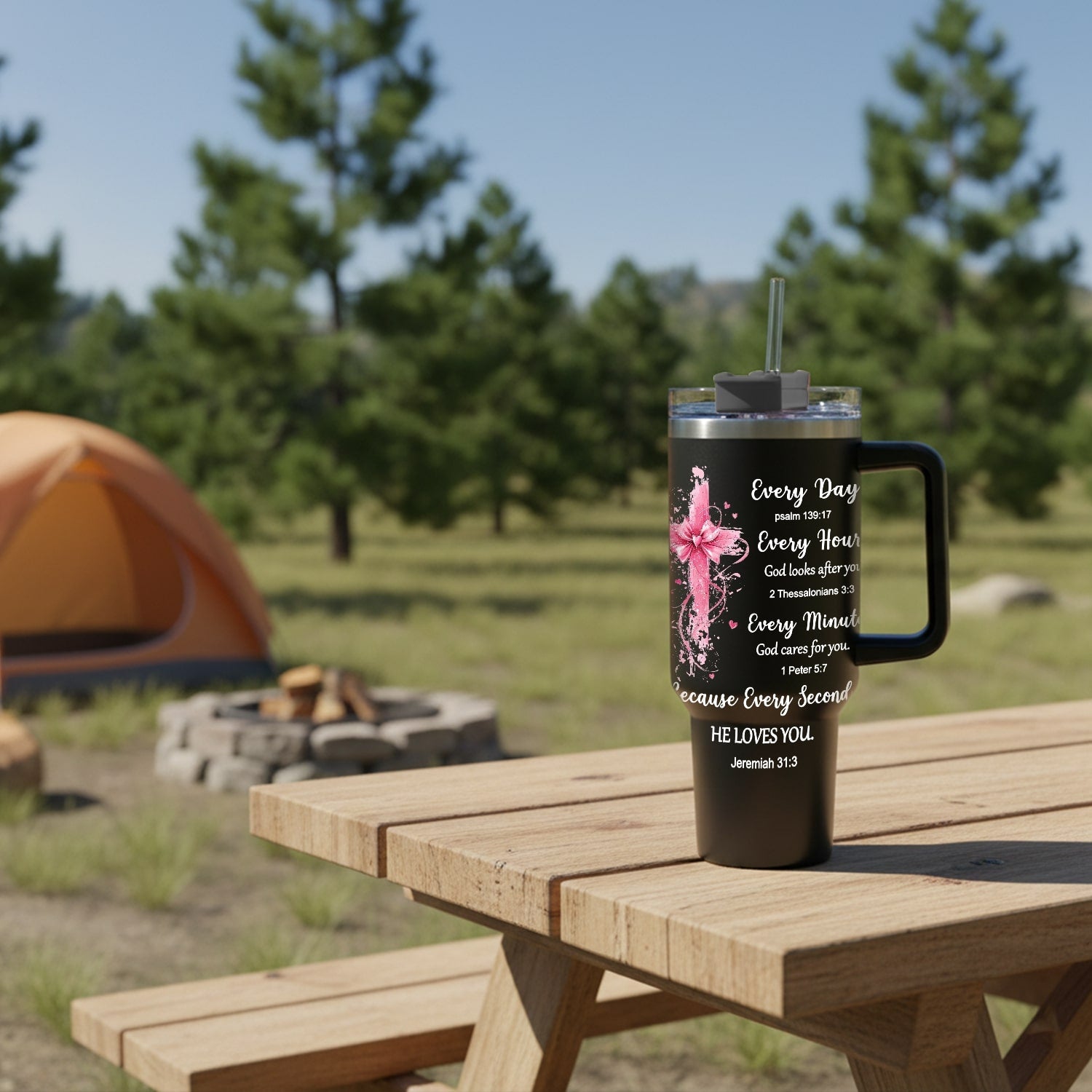 Black faith tumbler with pink cross resting at a peaceful campsite — a thoughtful Personalized Gift from HerTender.com reminding her that God’s love surrounds her everywhere she goes.