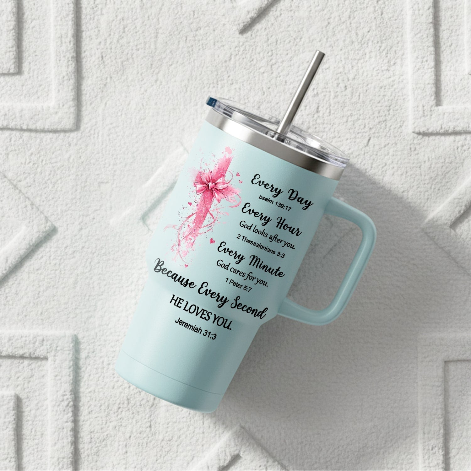 Sky-blue Christian tumbler with pink cross and Bible verses — a meaningful Personalized Gift from HerTender.com reminding her that God loves her every second of every day.