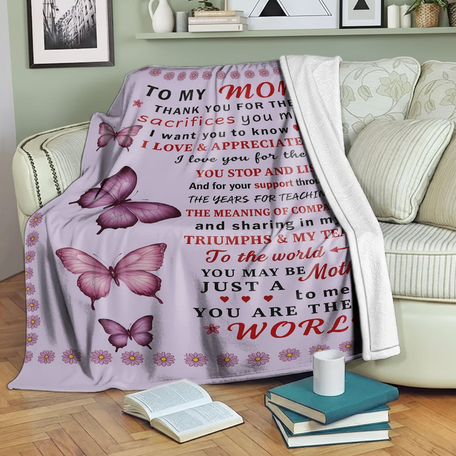 Purple blanket with butterflies and loving message for mom on a cozy couch — explore warm, meaningful Personalized Gifts at HerTender.com.