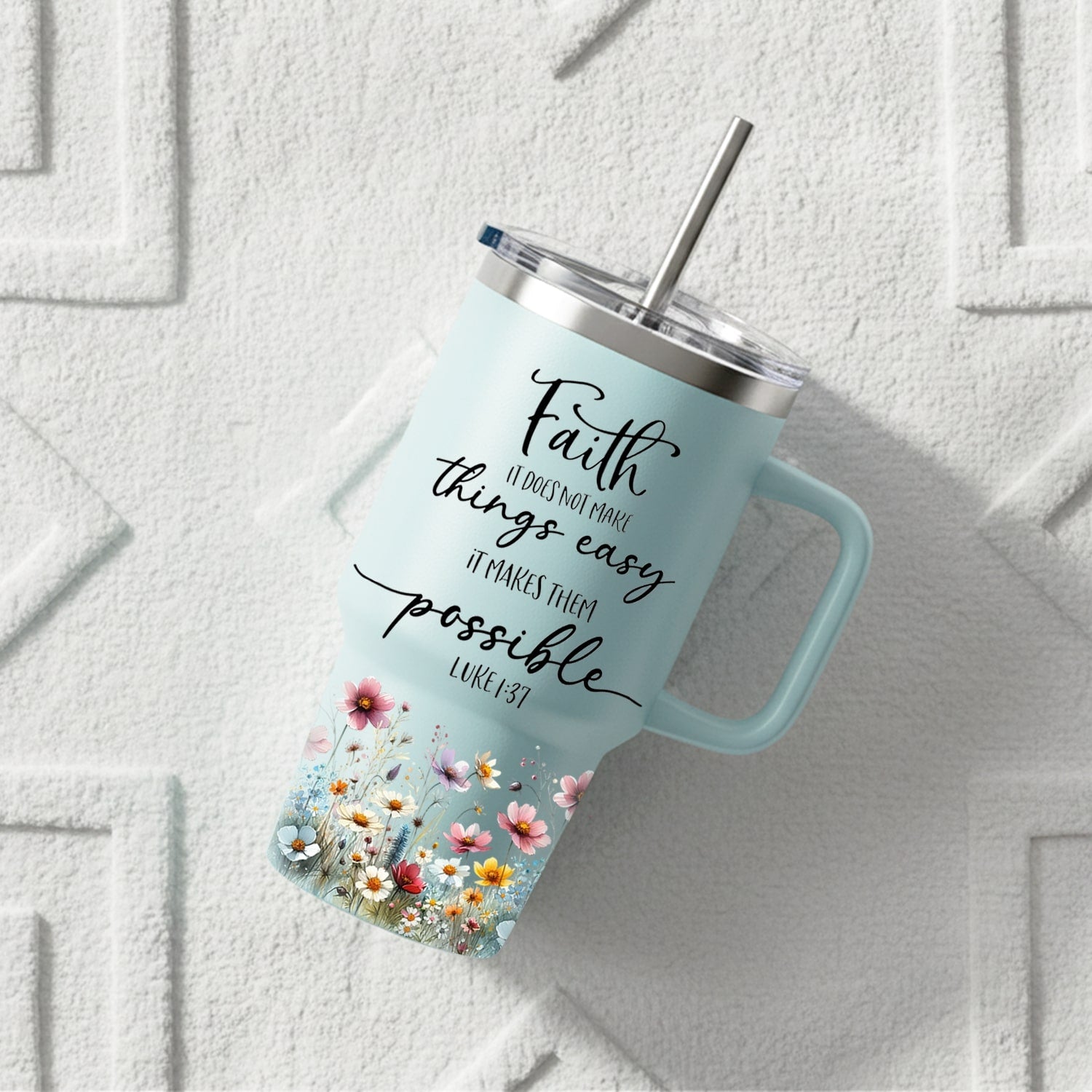 Sky-blue floral faith tumbler with Luke 1:37 quote — a tender Personalized Gift from HerTender.com that brings daily encouragement and peace to her heart.