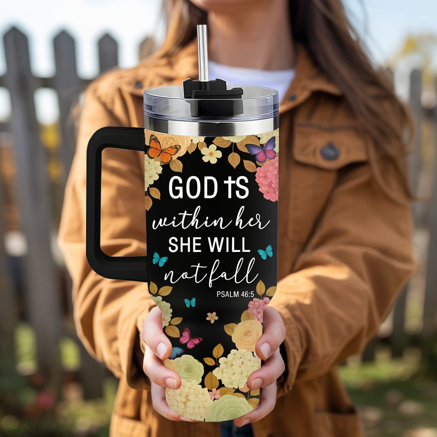 Faith-inspired floral tumbler with Psalm 46:5 “God is within her, she will not fall” — a beautiful Personalized Gift from HerTender.com for women of faith and strength.