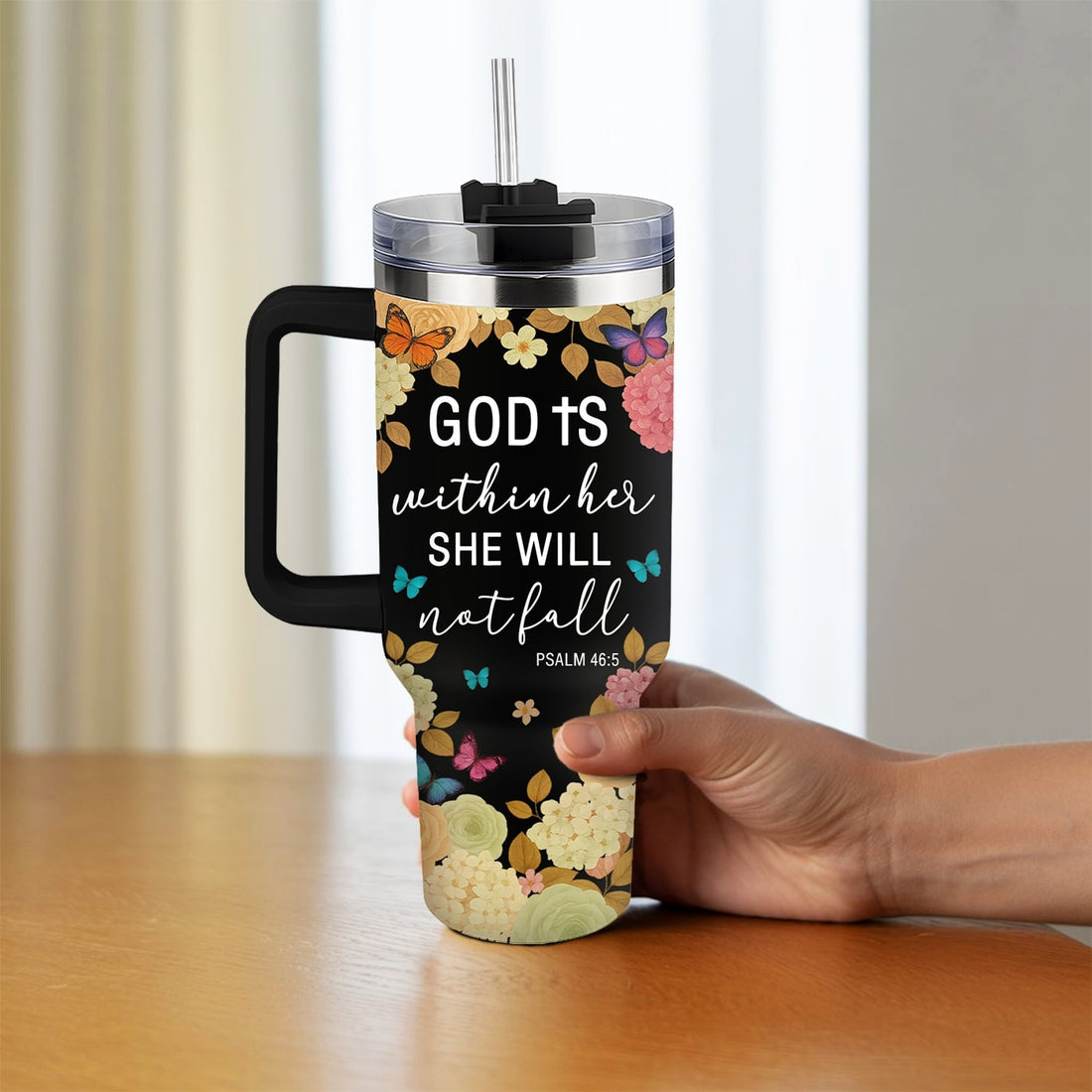 Faith-inspired floral tumbler with Psalm 46:5 “God is within her, she will not fall” — a meaningful Personalized Gift from HerTender.com for women of strength and grace.