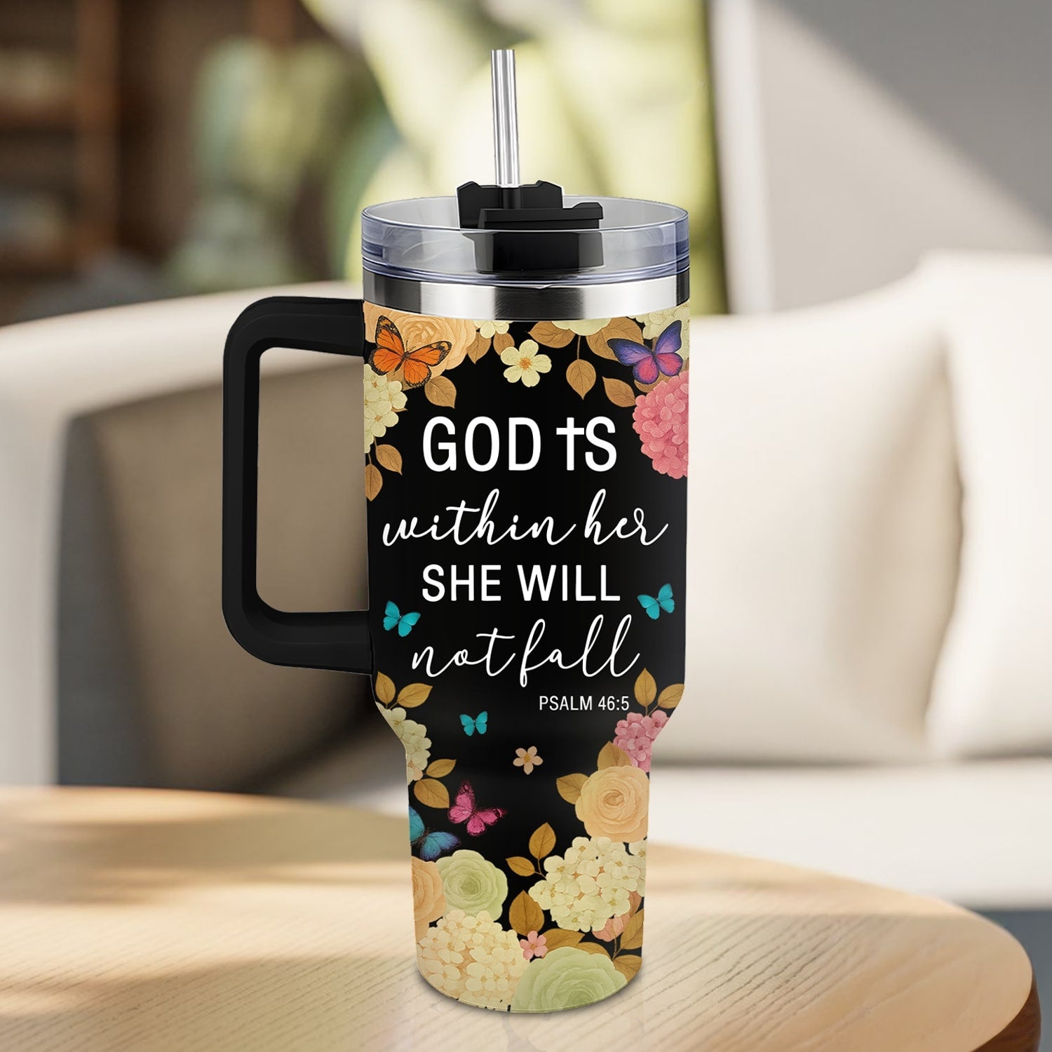 Faith-inspired tumbler with Psalm 46:5 “God is within her, she will not fall” — a beautiful Personalized Gift from HerTender.com for women of strength and faith.