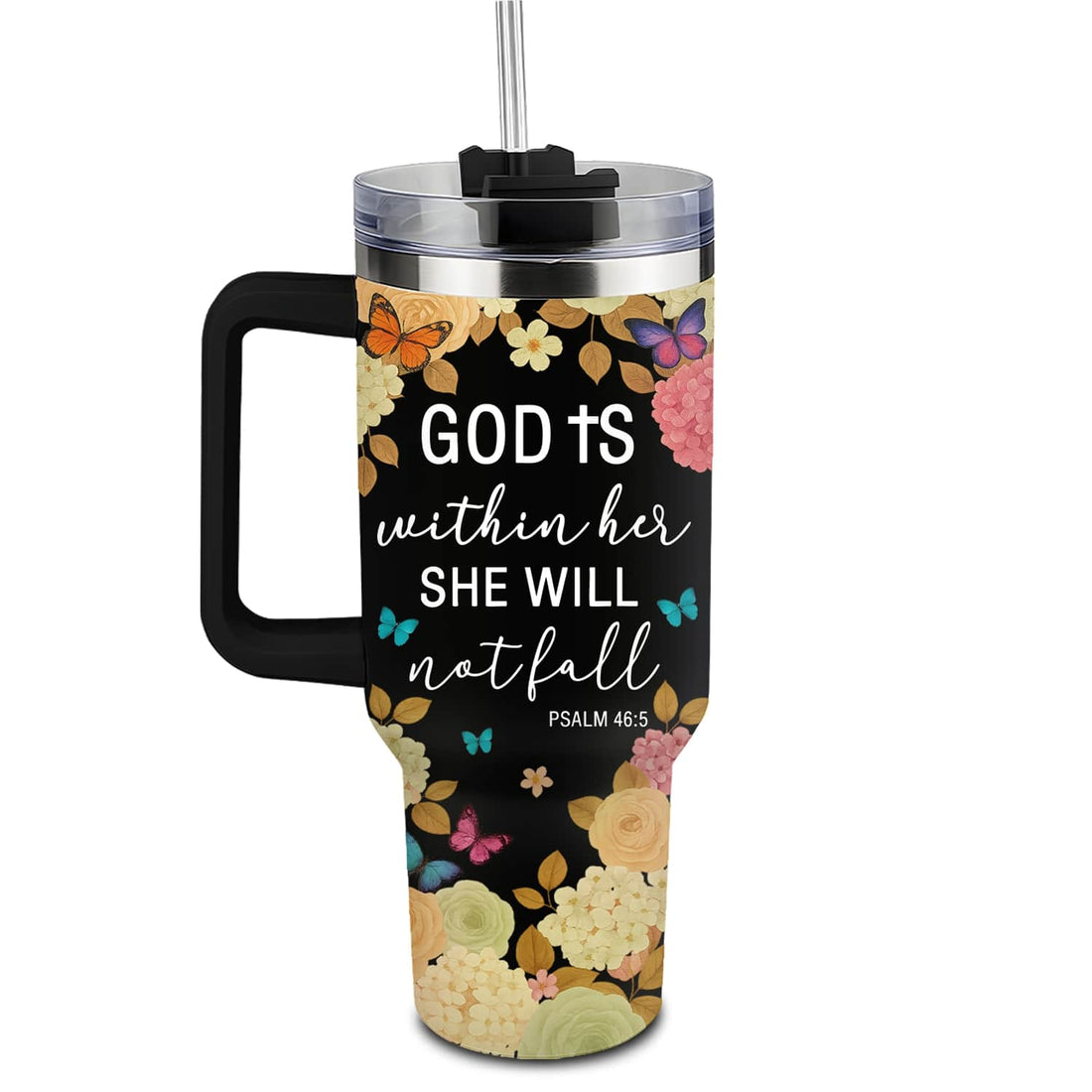 Faith-inspired floral tumbler with Psalm 46:5 “God is within her, she will not fall” — a meaningful Personalized Gift from HerTender.com for women of strength and grace.