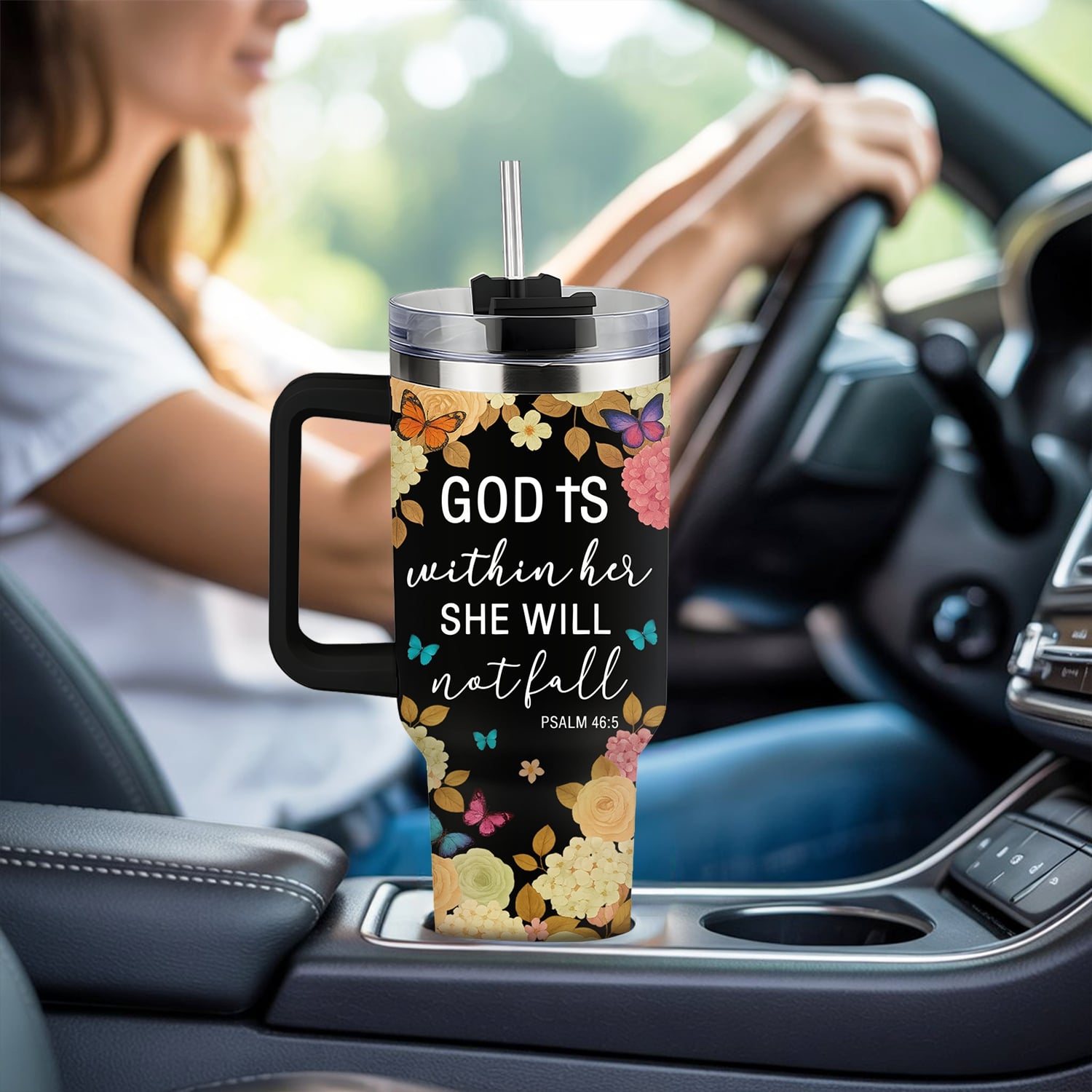 Faith tumbler with Psalm 46:5 “God is within her, she will not fall” — a beautiful Personalized Gift from HerTender.com for women of grace and strength on the go.