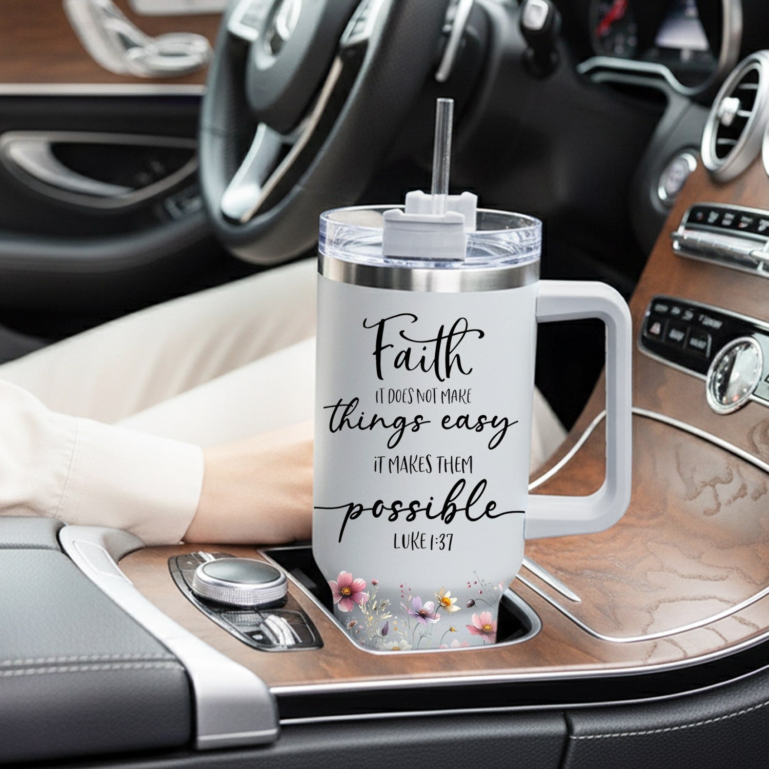 Floral faith tumbler with Luke 1:37 “Faith does not make things easy, it makes them possible” — an inspiring Personalized Gift from HerTender.com for women who believe in grace on every journey.