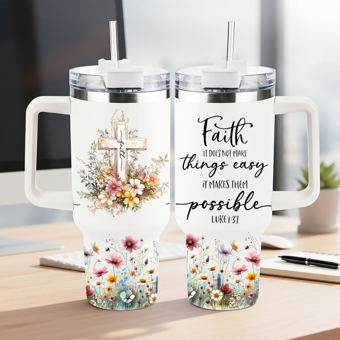 Faith-inspired floral tumblers with Luke 1:37 “Faith does not make things easy, it makes them possible” — thoughtful Personalized Gifts from HerTender.com for women who believe in grace and perseverance.