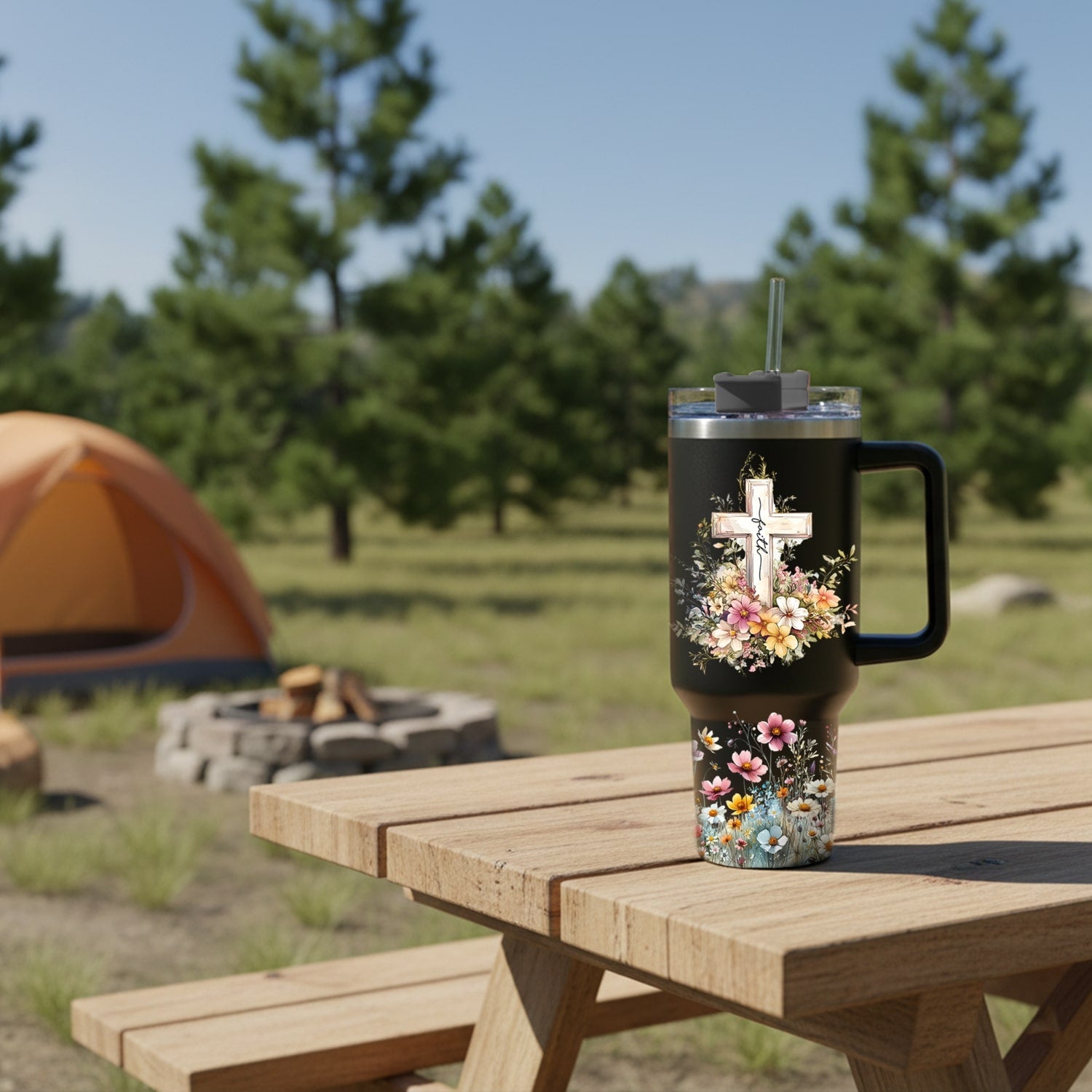 Floral cross faith tumbler on a picnic table at a serene campsite — a heartfelt Personalized Gift from HerTender.com for women who carry faith wherever they go.