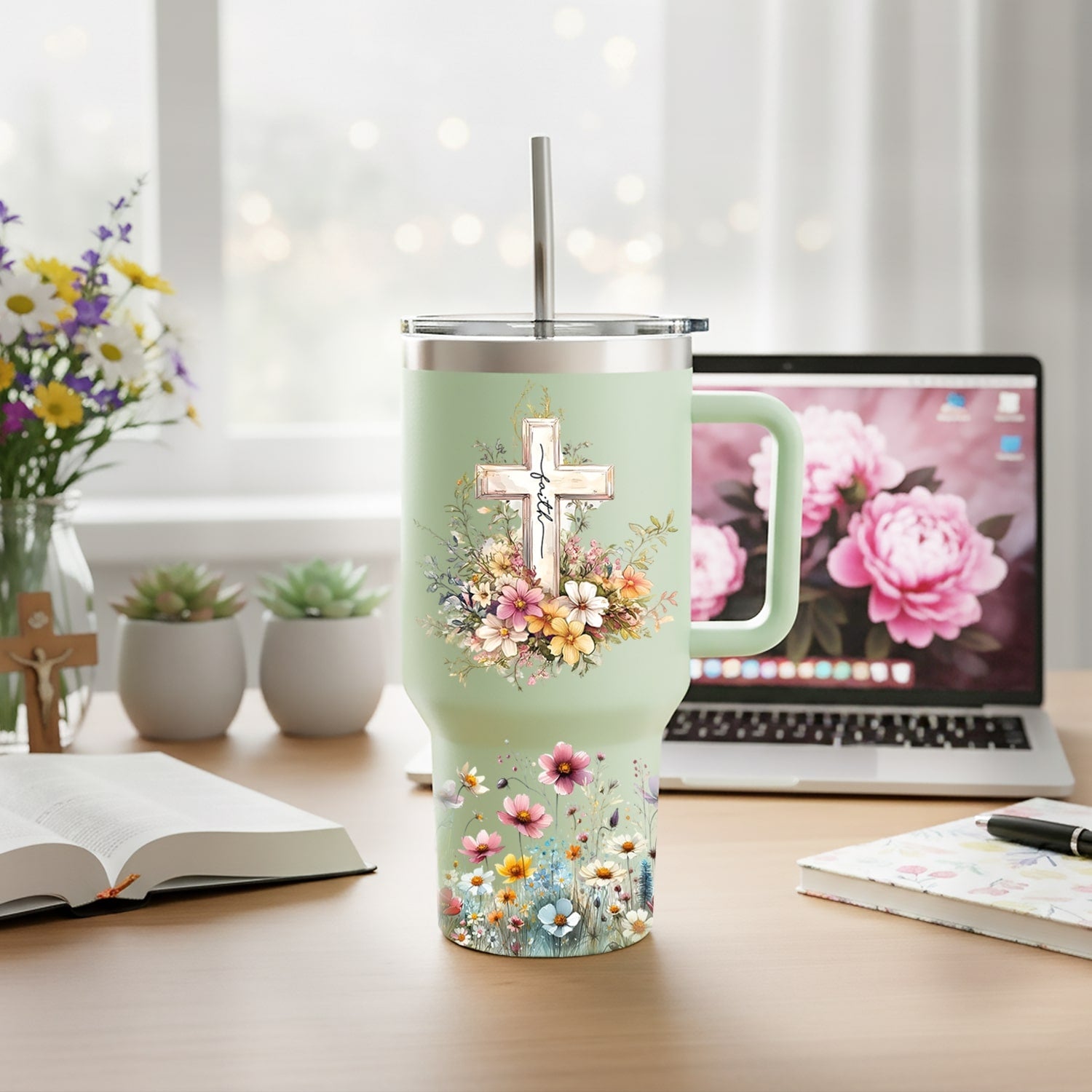 Faith-inspired floral cross tumbler — a beautiful Personalized Gift from HerTender.com that reminds her to carry God’s peace and strength into every day.