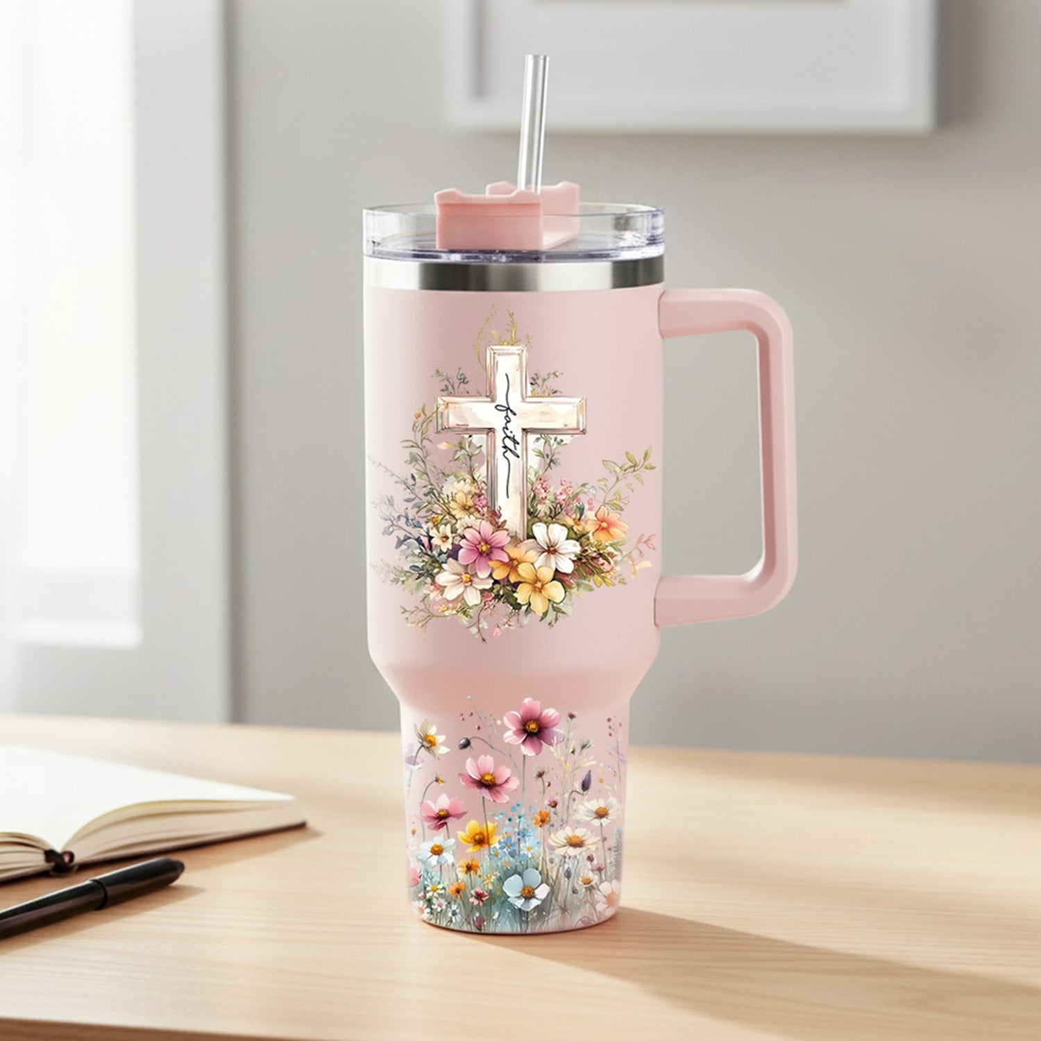 Soft pink floral cross tumbler — a beautiful Personalized Gift from HerTender.com to inspire faith, grace, and gentle strength every day.