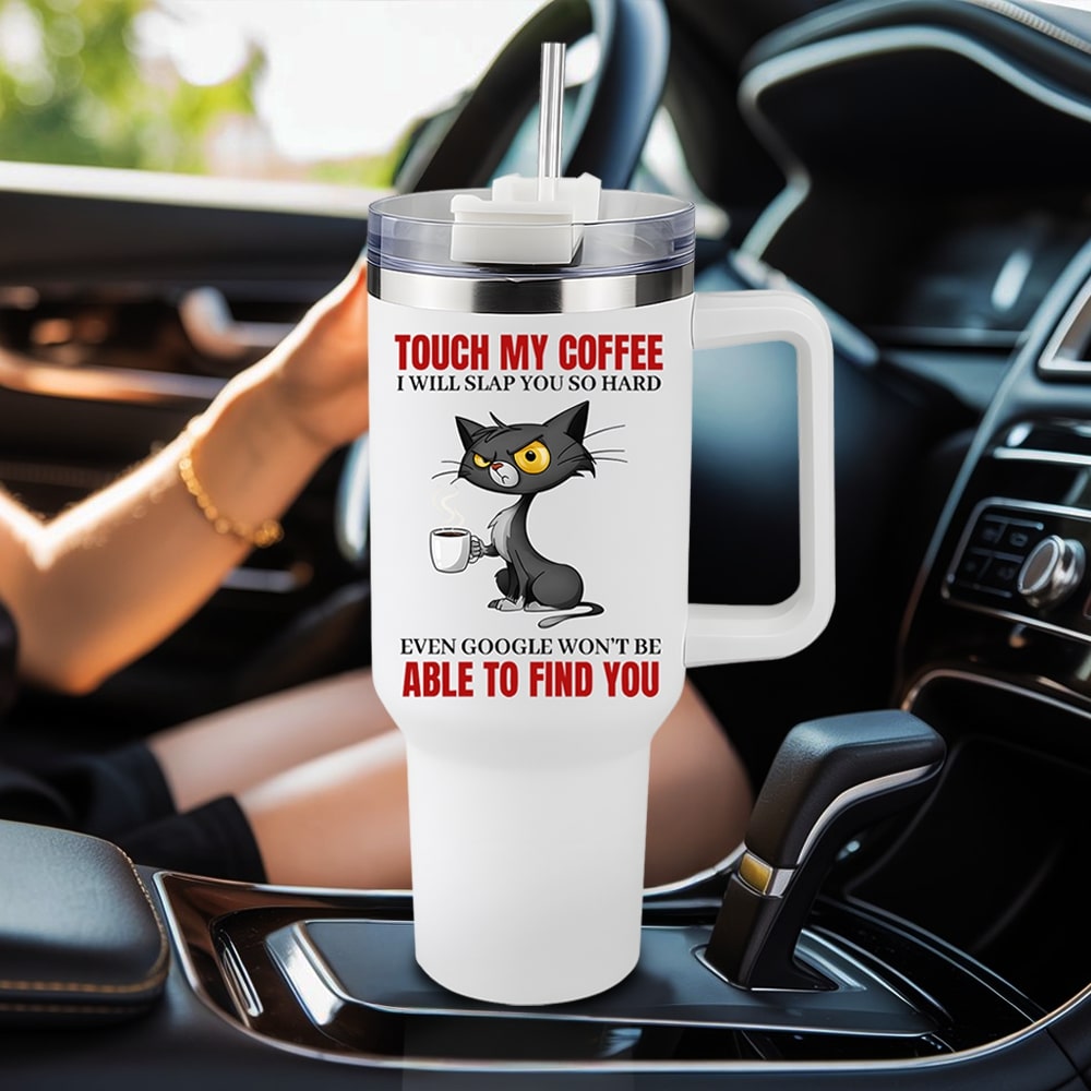 Funny cat and coffee tumbler with sarcastic quote — a perfect on-the-go Personalized Gift for coffee lovers from HerTender.com.