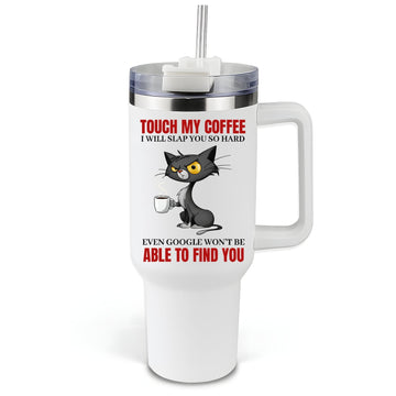 Funny cat and coffee tumbler with sarcastic quote — a perfect humorous gift for coffee lovers from HerTender.com.