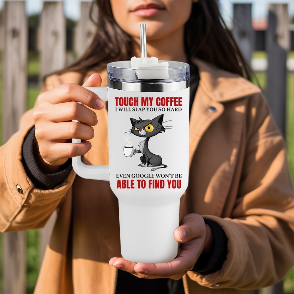 Funny cat and coffee tumbler with sarcastic quote — the perfect humorous Personalized Gift from HerTender.com for coffee lovers with attitude.