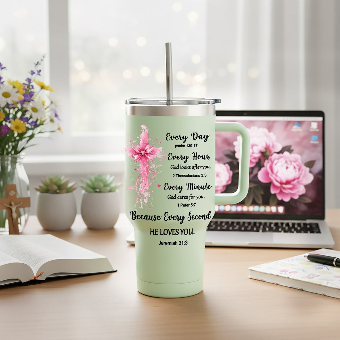 Faith-inspired white tumbler with pink cross — a heartfelt Personalized Gift from HerTender.com that reminds her God’s love travels with her every moment.