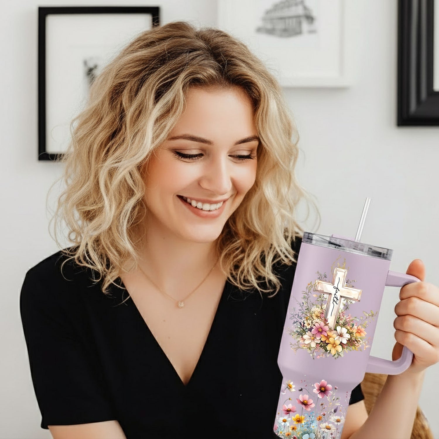 Smiling woman holding a lavender floral cross tumbler — a heartfelt Personalized Gift from HerTender.com that celebrates faith, grace, and gentle strength.