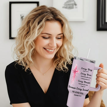 Joyful woman holding lavender faith tumbler — a tender Personalized Gift from HerTender.com reminding her that every second, she is loved by God.