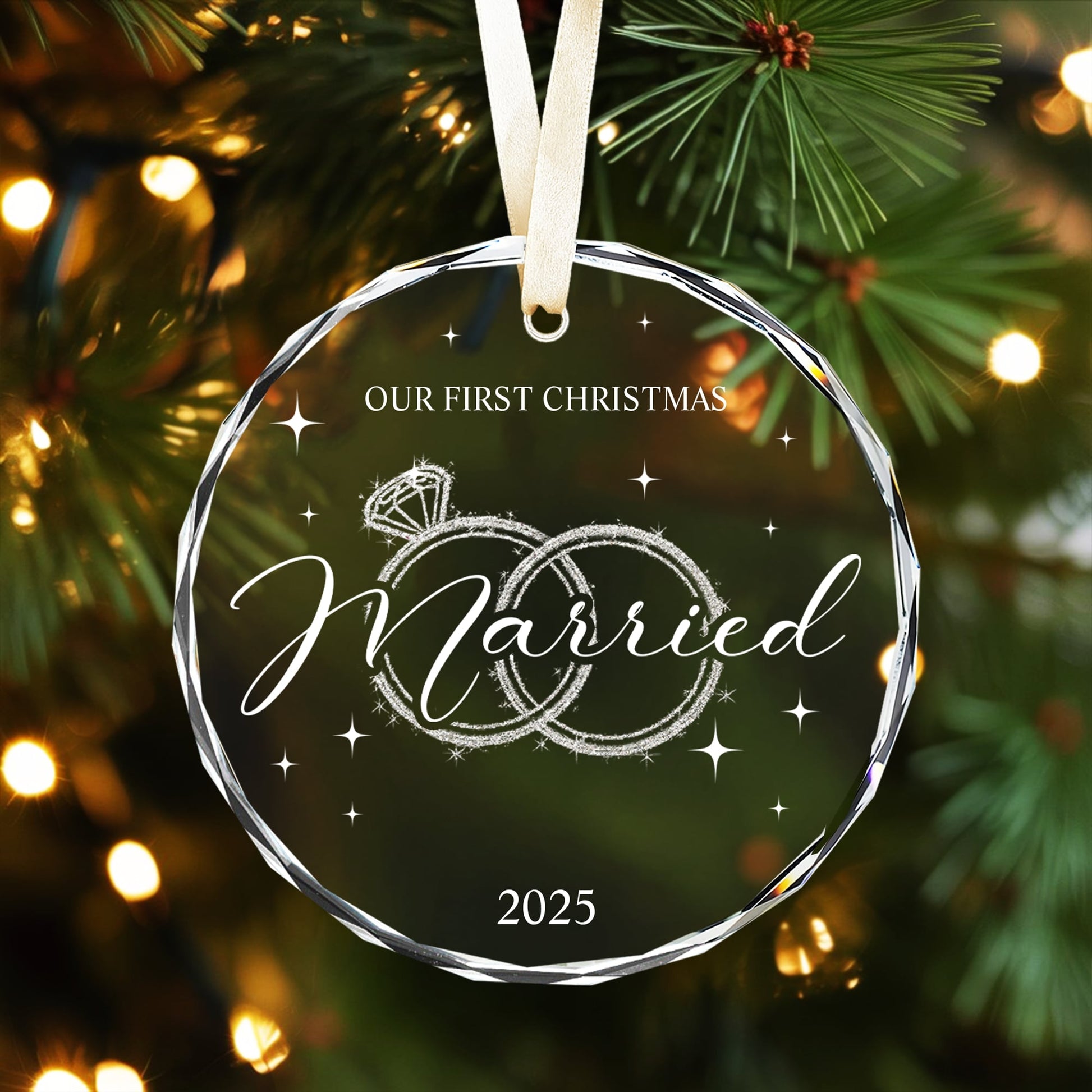 “Our First Christmas Married 2025” engraved glass ornament with intertwined rings — a timeless Personalized Gift from HerTender.com for newlyweds celebrating their first Christmas together.