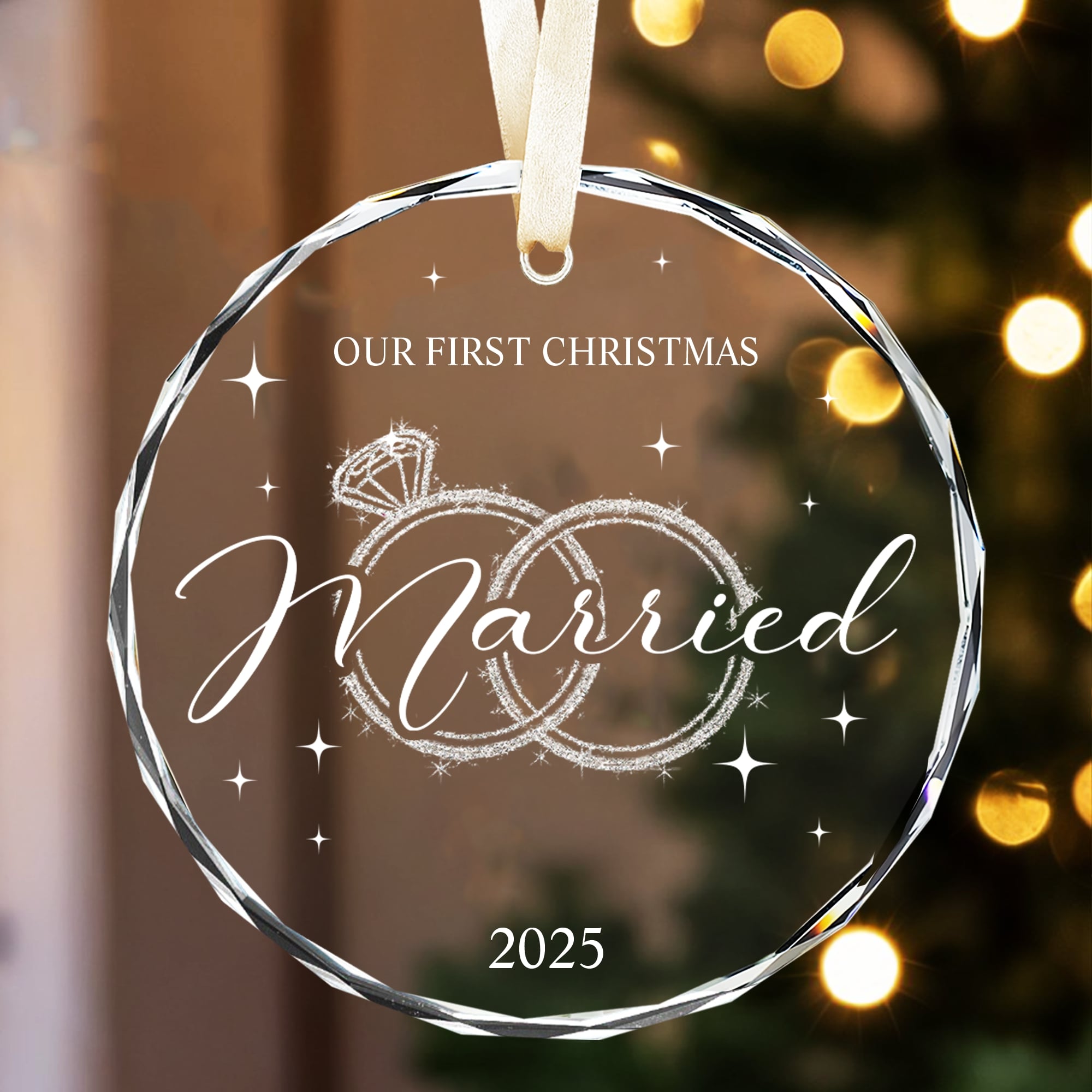“Our First Christmas Married 2025” glass ornament with sparkling wedding rings — a romantic Personalized Gift from HerTender.com for newlyweds celebrating their first Christmas together.