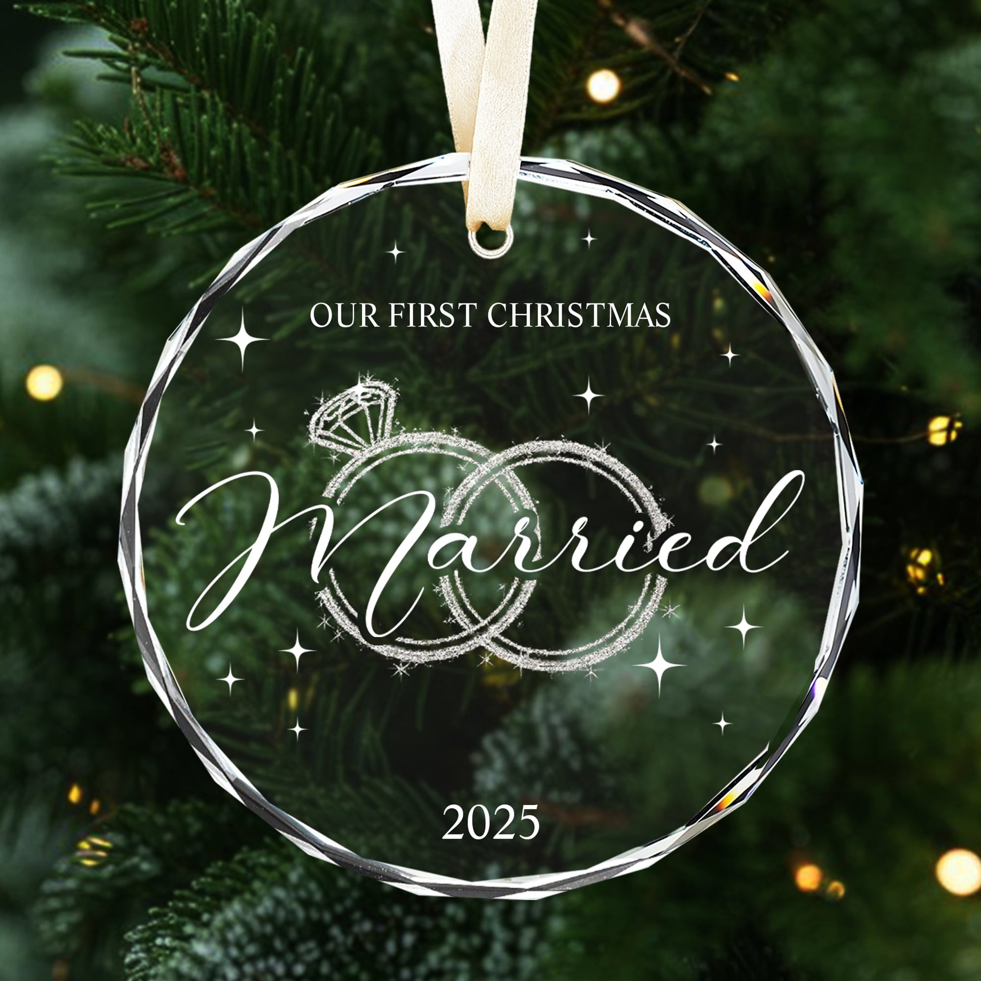 “Our First Christmas Married 2025” glass ornament with wedding rings and satin ribbon — a romantic Personalized Gift from HerTender.com for newlyweds celebrating their first Christmas together.