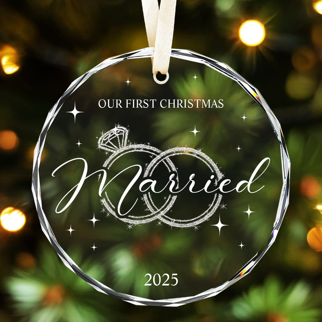 “Our First Christmas Married 2025” glass ornament with sparkling wedding rings — a romantic Personalized Gift from HerTender.com to celebrate a couple’s first Christmas as newlyweds.