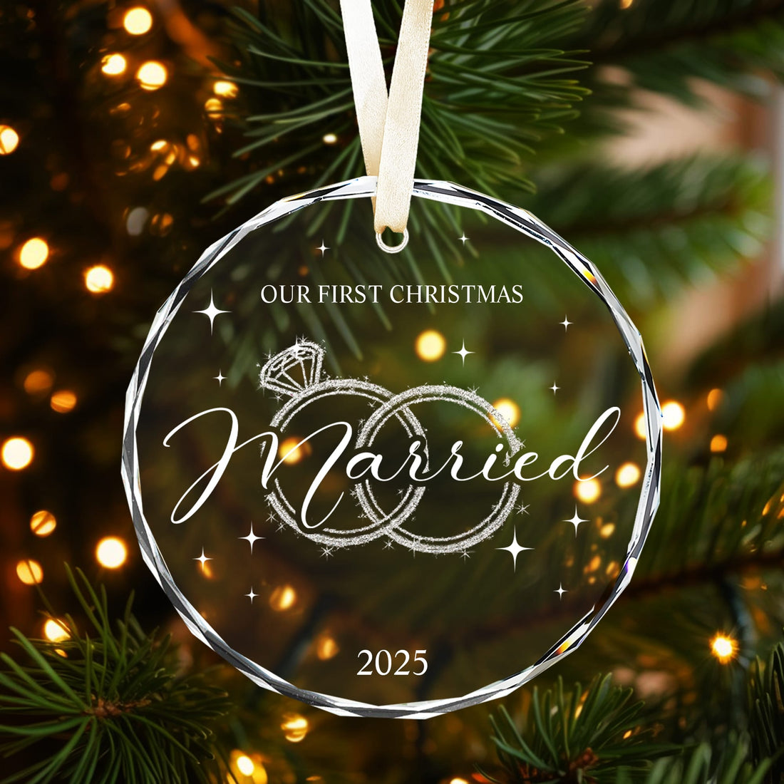 “Our First Christmas Married 2025” glass ornament with sparkling wedding rings — a romantic Personalized Gift from HerTender.com to celebrate a couple’s first Christmas as newlyweds.