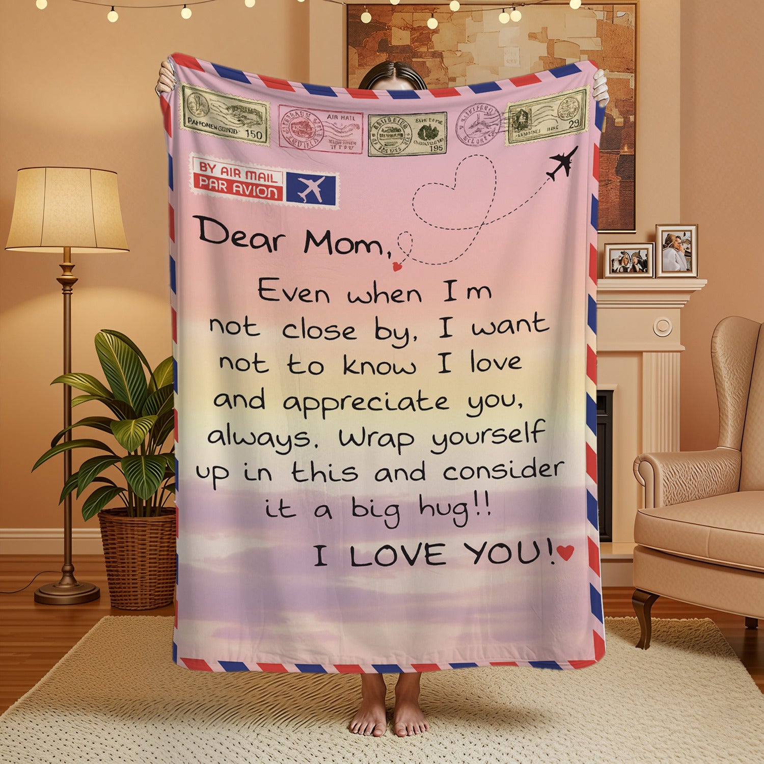 Airmail style mom blanket with loving long-distance message in a warmly lit living room — Discover heartfelt personal gifts at HerTender.com