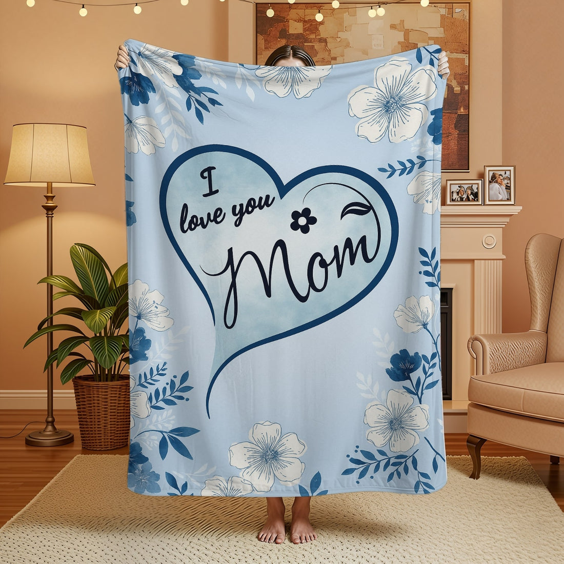 Blue floral mom blanket with heart design and loving message in a cozy living room — Discover heartfelt personal gifts at HerTender.com