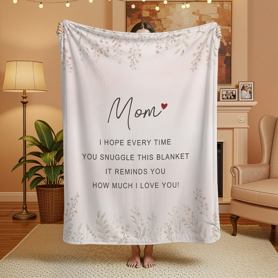 Personalized mom blanket with loving message in a cozy living room — Discover heartfelt personal gifts at HerTender.com.