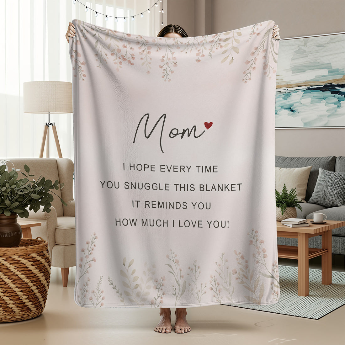 Personalized mom blanket with loving message in a cozy living room — Discover heartfelt personal gifts at HerTender.com.