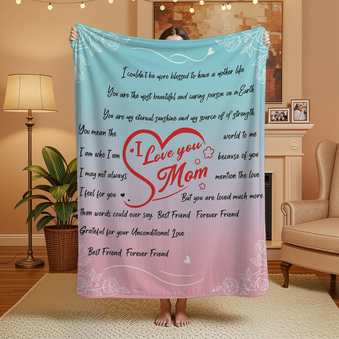 Pastel pink and blue mom blanket with heartfelt message and red heart design in a cozy living room — Discover heartfelt personal gifts at HerTender.com