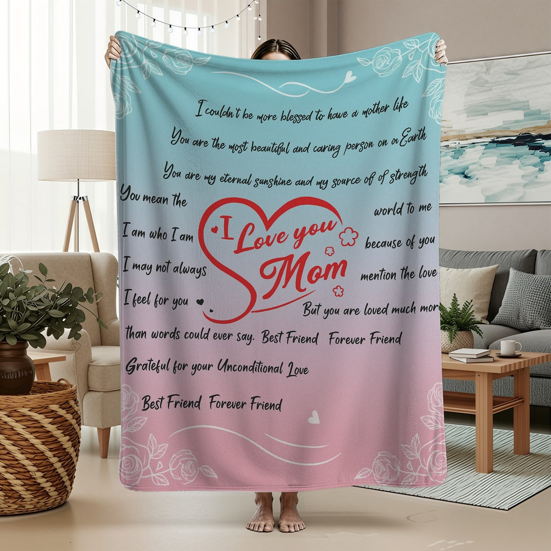 Pastel pink and blue mom blanket with heartfelt message and red heart design in a cozy living room — Discover heartfelt personal gifts at HerTender.com