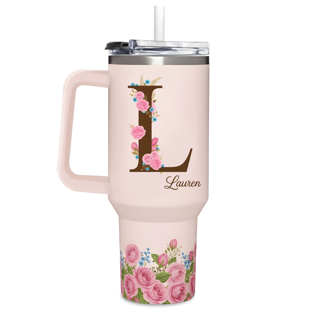 Personalized floral tumbler with letter “L” and name Lauren — a charming, custom gift from HerTender.com for coffee lovers who adore beauty and meaning.