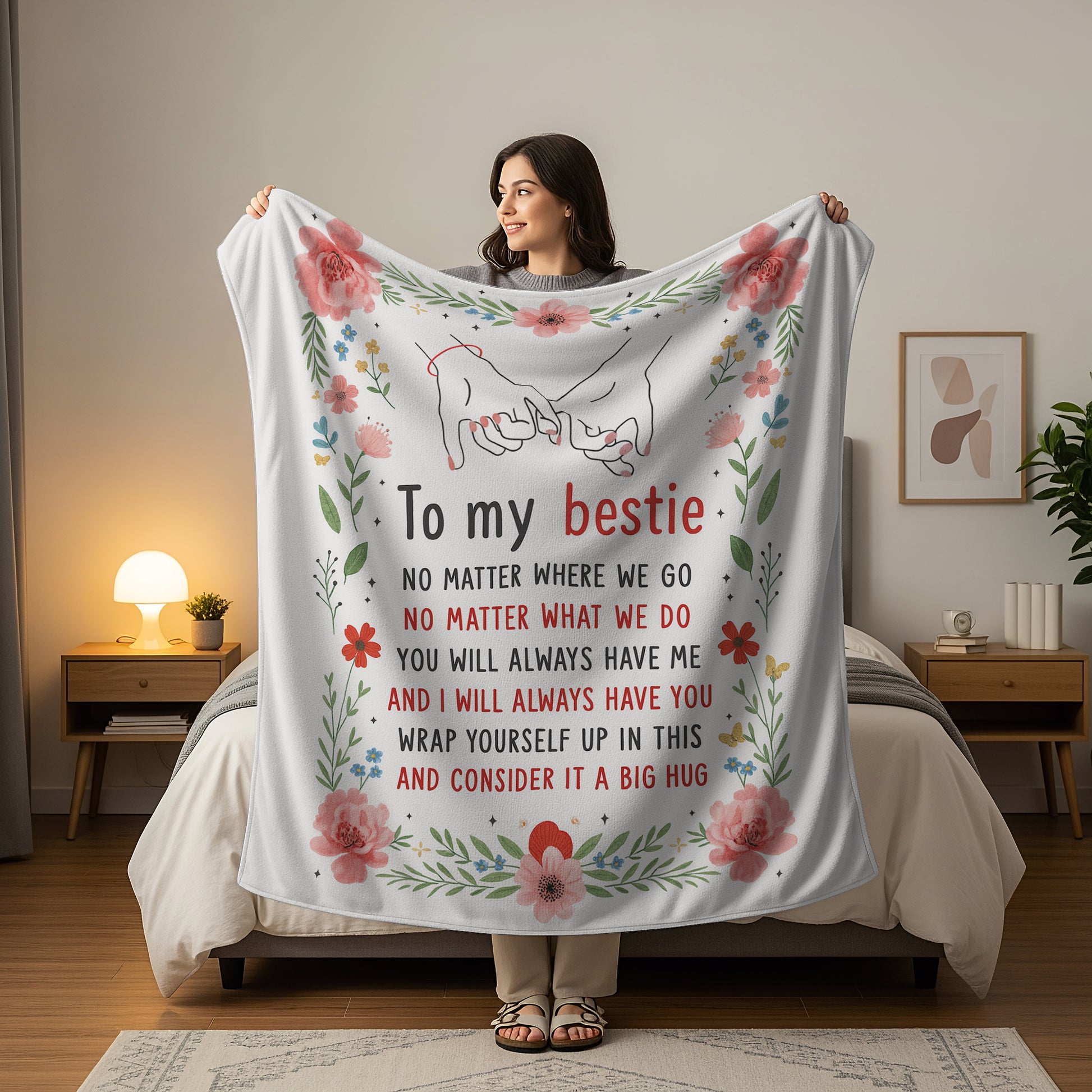 Woman holding a floral “To My Bestie” blanket with a pinky promise design and heartfelt friendship message — Discover thoughtful personalized gifts for best friends at HerTender.com.