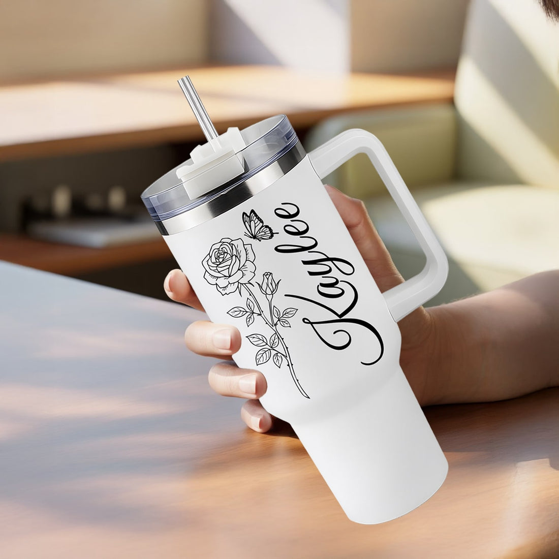 Beautiful personalized tumbler with rose and butterfly design — a timeless Personalized Gift from HerTender.com for her daily inspiration.