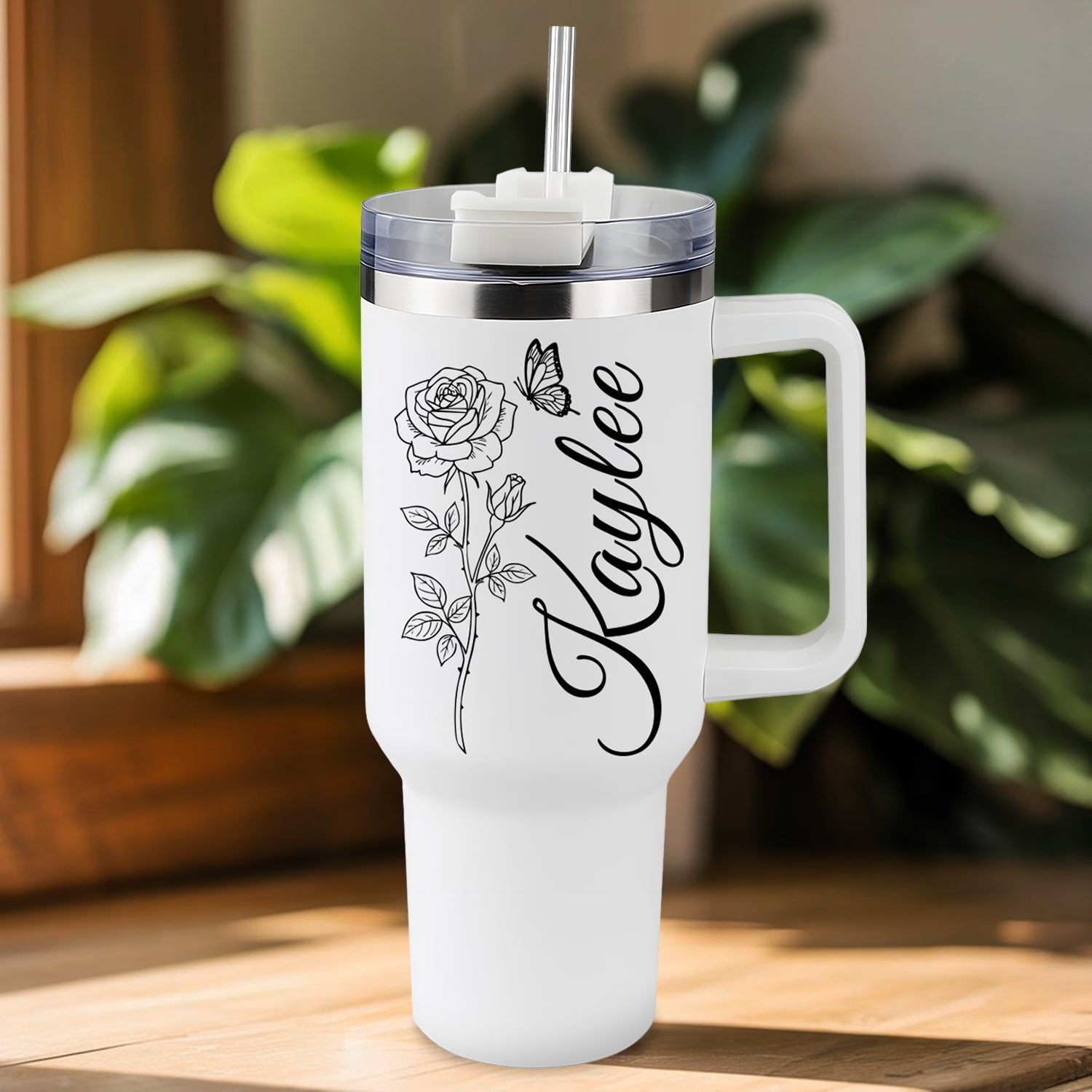 Personalized rose and butterfly tumbler with the name Kaylee — a heartfelt and elegant Personalized Gift from HerTender.com for her peaceful morning moments.