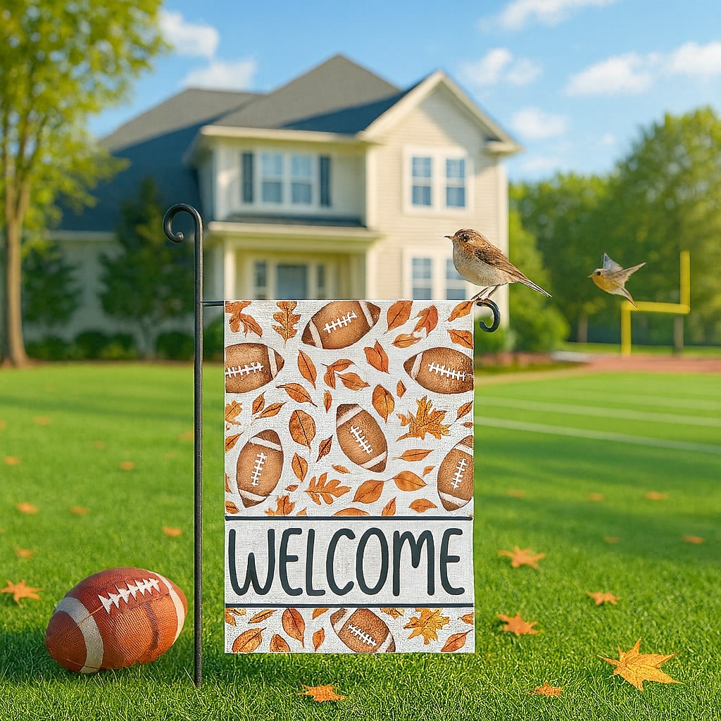 Fall “Welcome” garden flag with footballs and leaves — bring warmth home with heartfelt Personalized Gifts from HerTender.com.