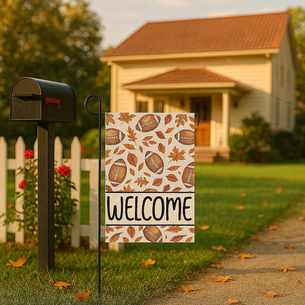 Autumn “Welcome” garden flag with footballs and leaves beside a mailbox and cozy home — welcome fall with personalized gifts from HerTender.com.