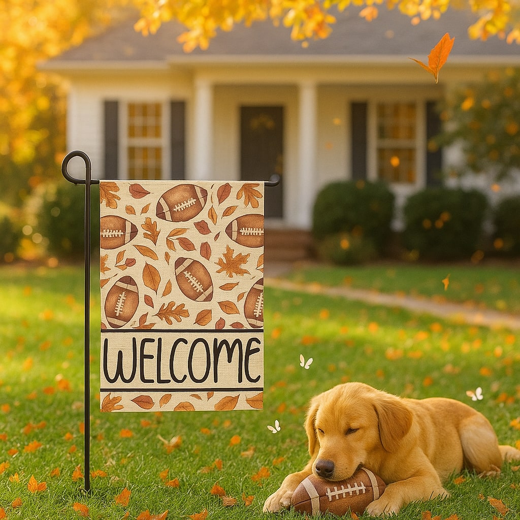Autumn “Welcome” garden flag with footballs and a golden puppy — bring warmth to your doorstep with personalized gifts and cozy fall décor from HerTender.com.