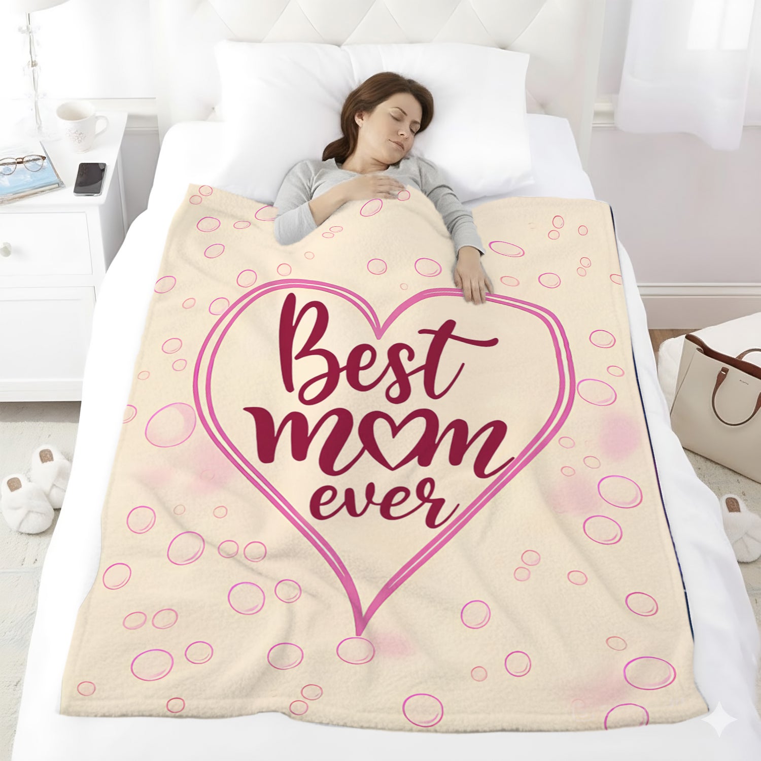 Soft “Best Mom Ever” pink heart blanket on a cozy bed — wrap Mom in comfort with Personalized Gifts from HerTender.com.