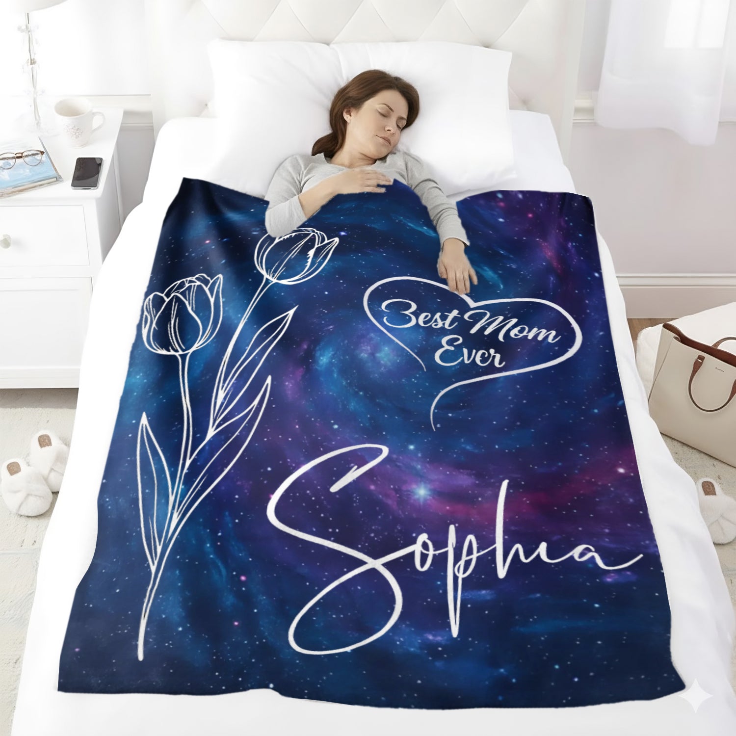 Peaceful bedroom scene with a galaxy “Best Mom Ever” personalized blanket featuring tulip art and name — Shop heartfelt personalized gifts for moms at HerTender.com.