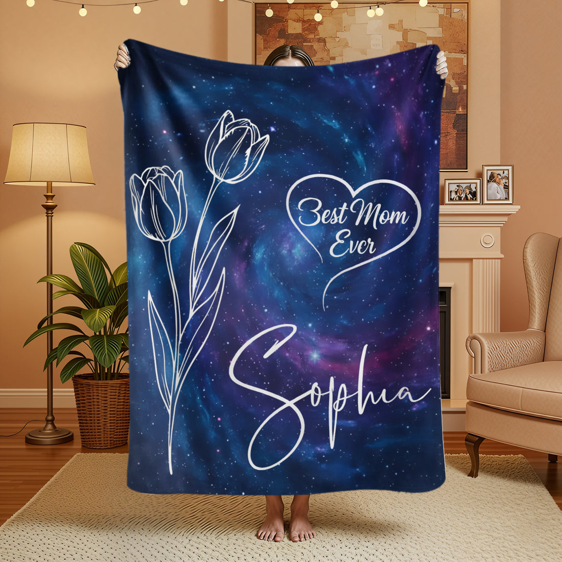 Galaxy “Best Mom Ever” personalized blanket with white tulip design and name — Discover elegant, heartfelt personalized gifts for moms at HerTender.com.