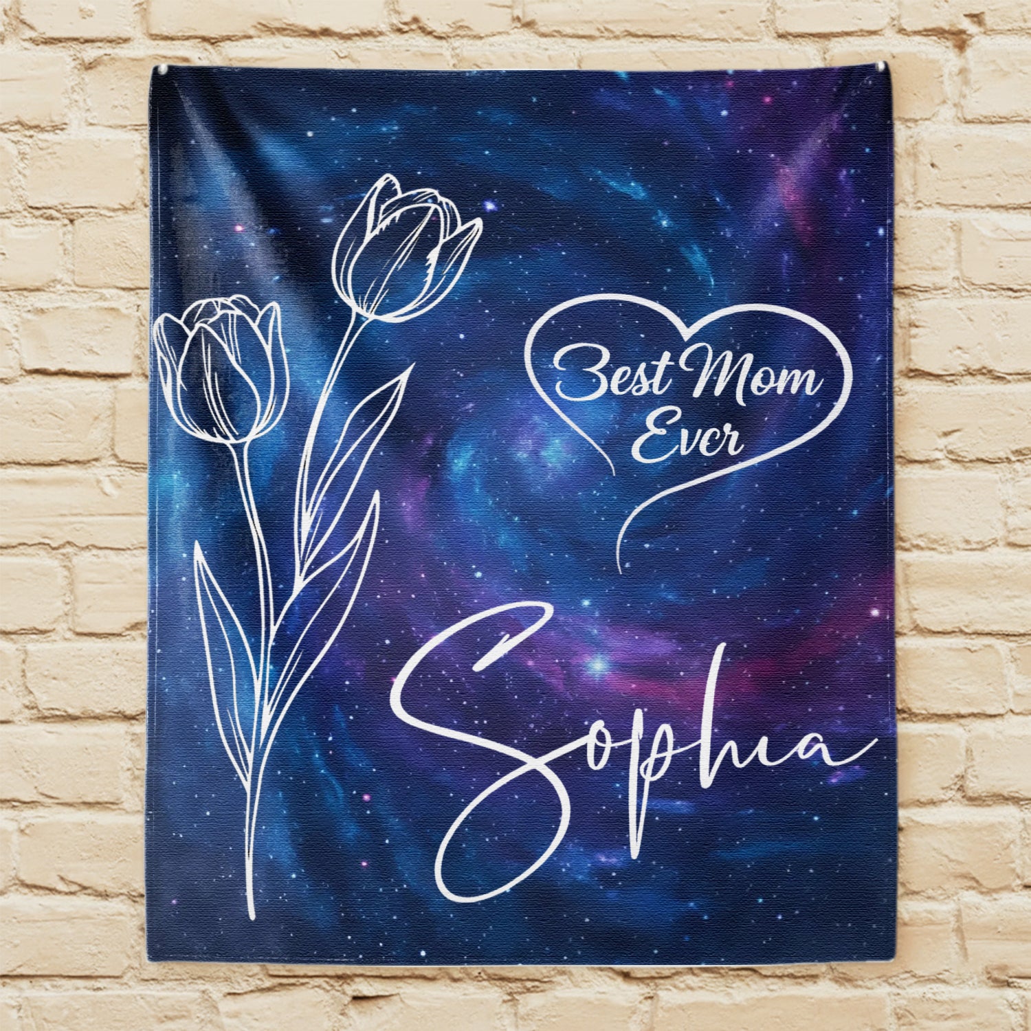 Galaxy “Best Mom Ever” personalized blanket with tulip line art and name — Discover meaningful personalized gifts for moms at HerTender.com.
