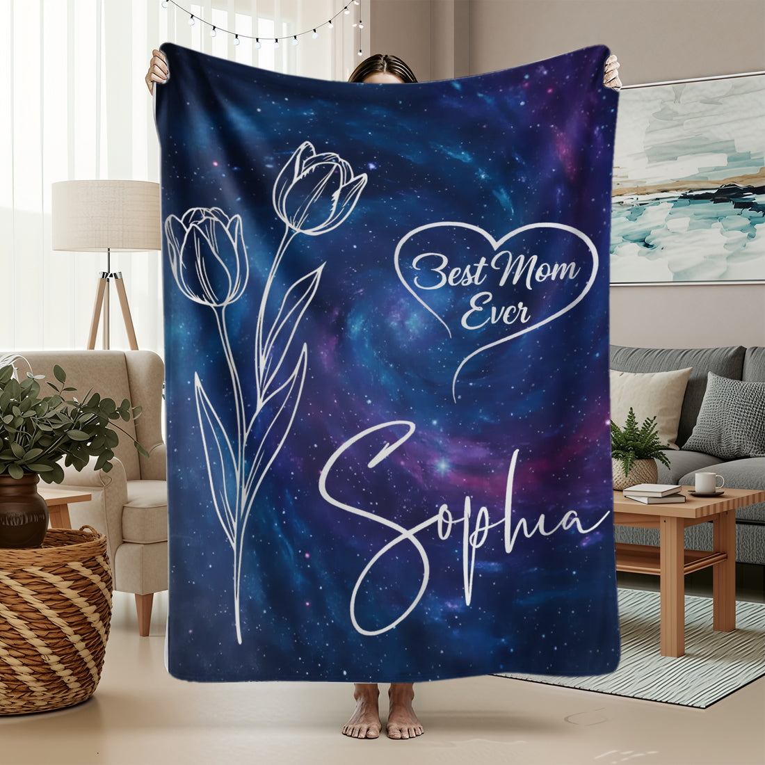 Galaxy “Best Mom Ever” personalized blanket with white tulip design and name — Discover elegant, heartfelt personalized gifts for moms at HerTender.com.