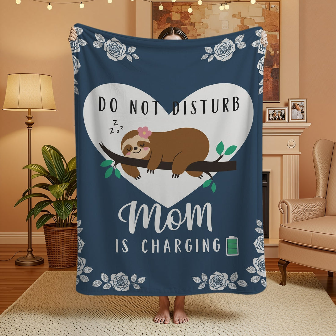 Navy blue blanket with a cute sloth and the quote “Do Not Disturb Mom Is Charging,” symbolizing cozy personalized gifts — Discover heartfelt personalized gifts at HerTender.com.