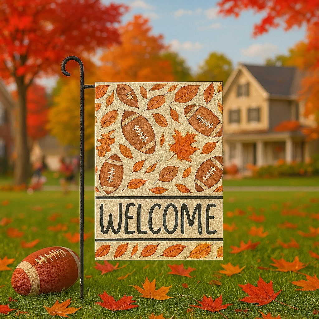 Autumn “Welcome” garden flag with footballs and leaves — celebrate cozy moments with heartfelt Personalized Gifts from HerTender.com.