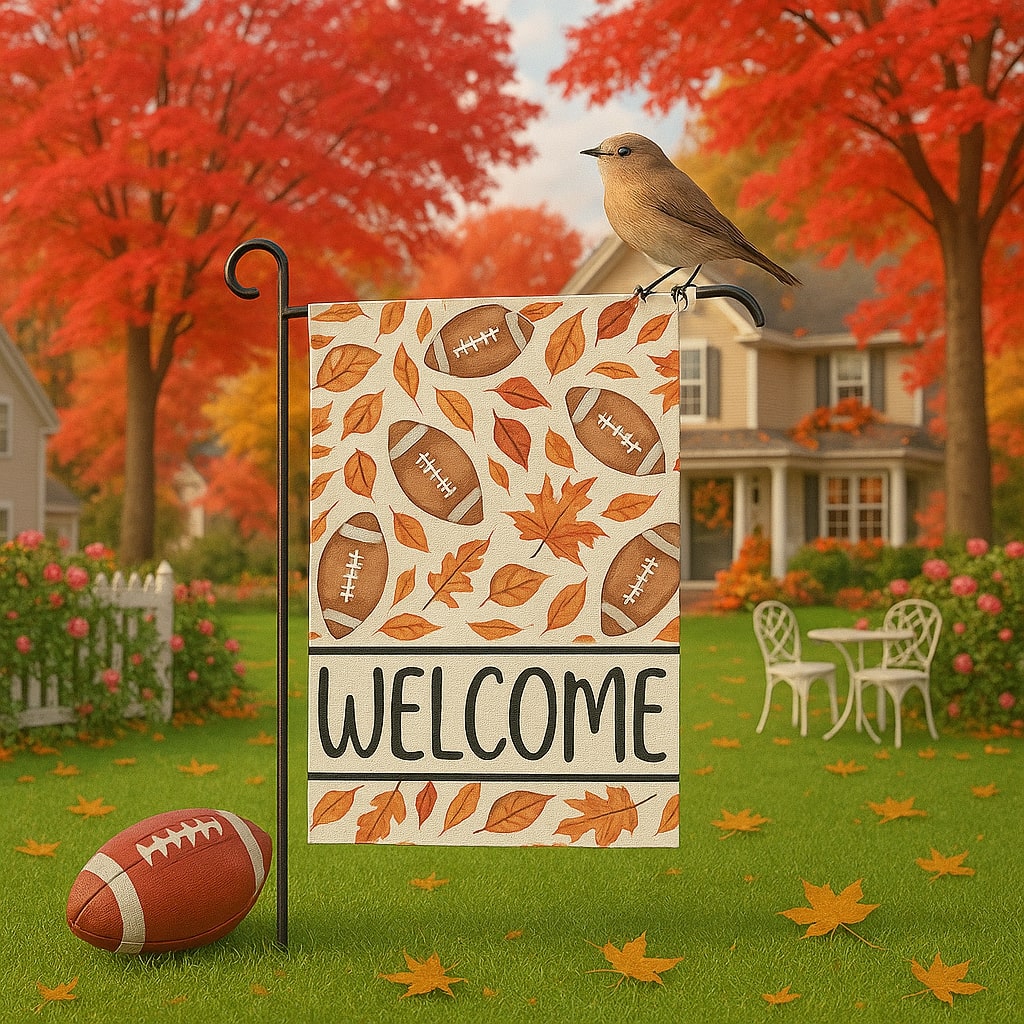 Fall “Welcome” garden flag with footballs, leaves, and a bird perched on top — bring cozy charm home with Personalized Gifts from HerTender.com.