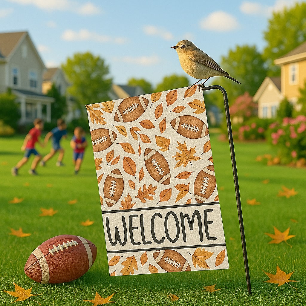 Autumn “Welcome” garden flag with footballs and a golden puppy — bring warmth to your doorstep with personalized gifts and cozy fall décor from HerTender.com.